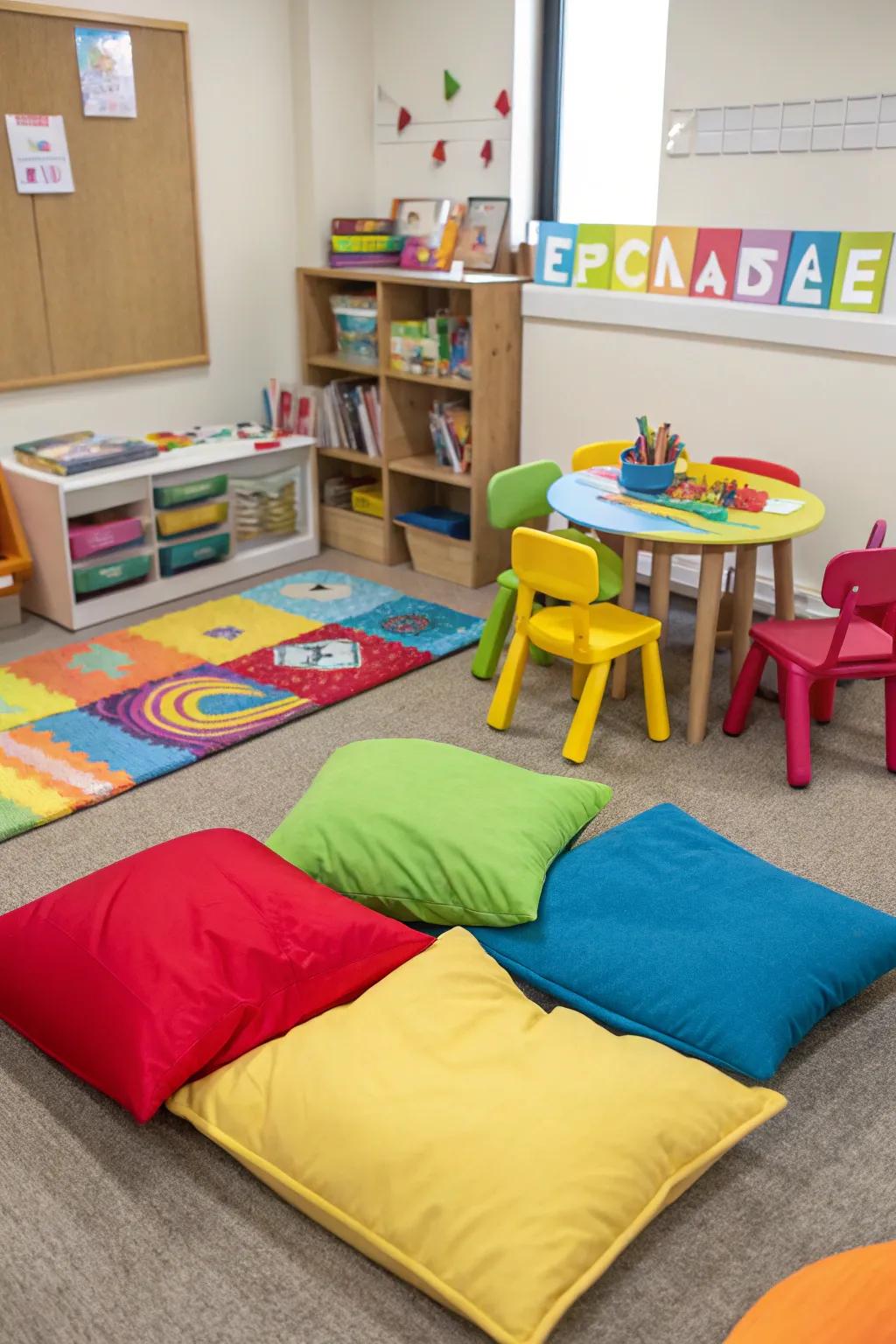 Vivid ground cushions offer inviting and flexible seating.