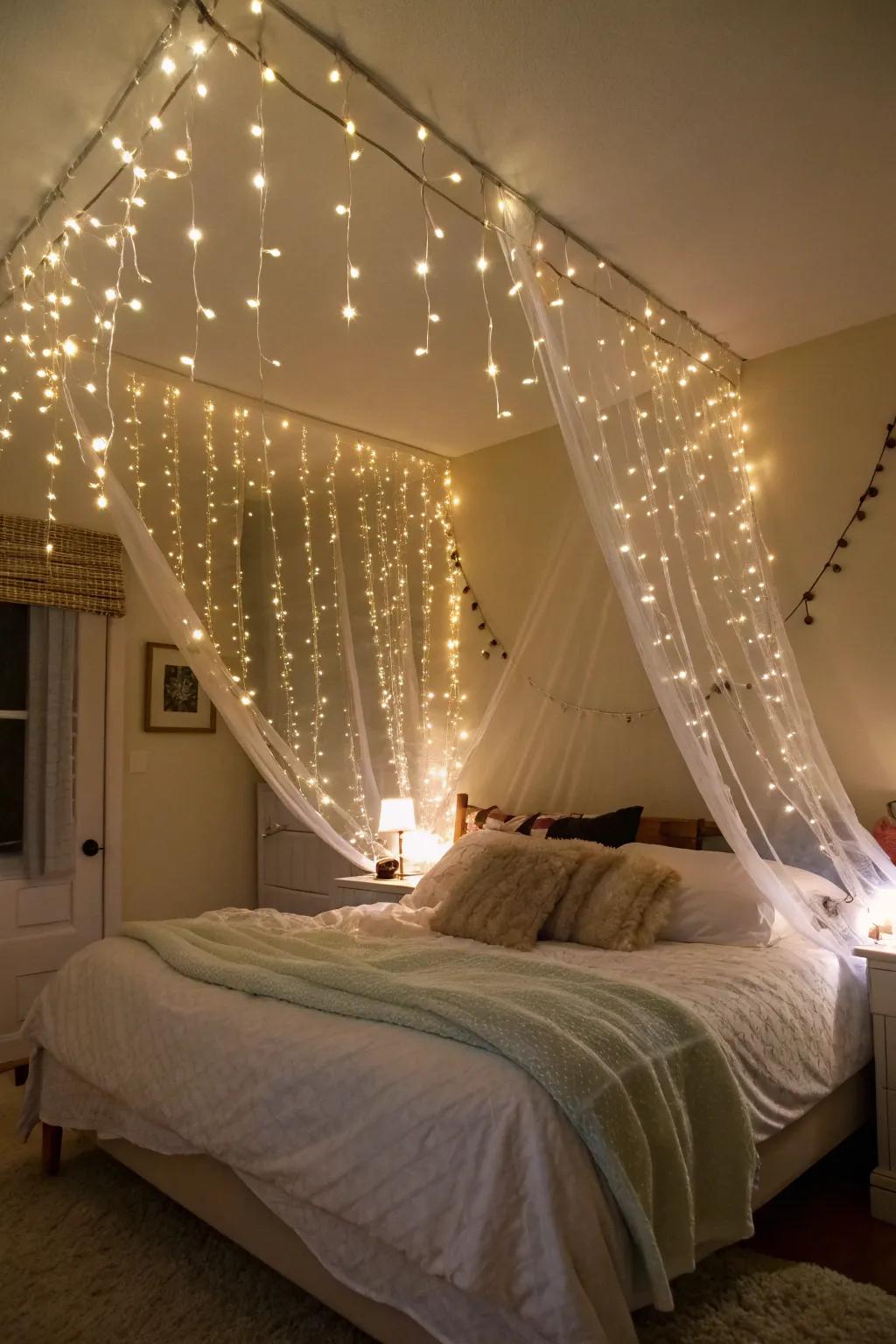 Twinkle lights set up under a bed.