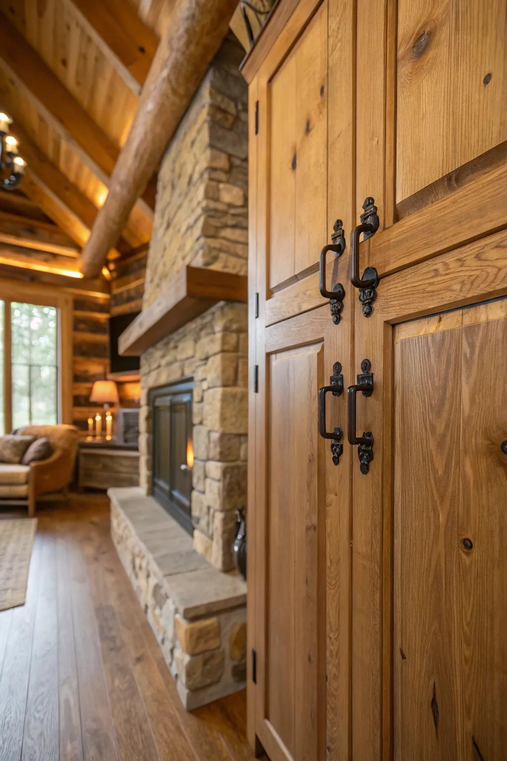 Dark iron fixtures add a sleek and cohesive look to the cabin.