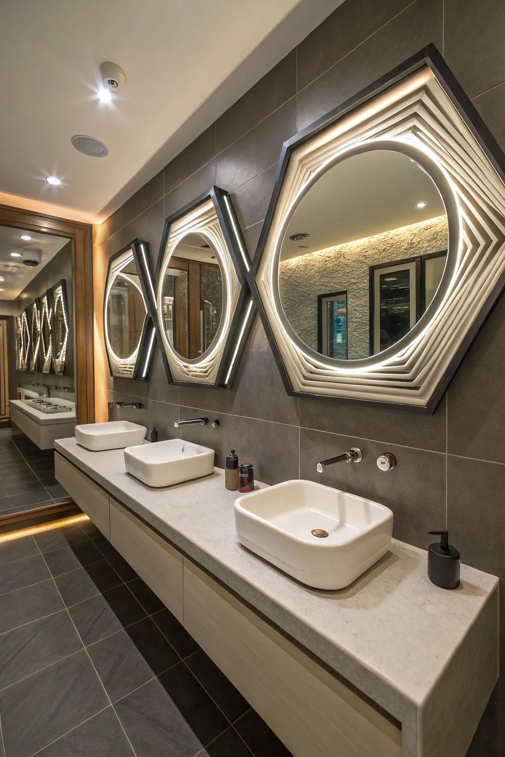 A bathroom with geometric mirrors that create the illusion of more space.