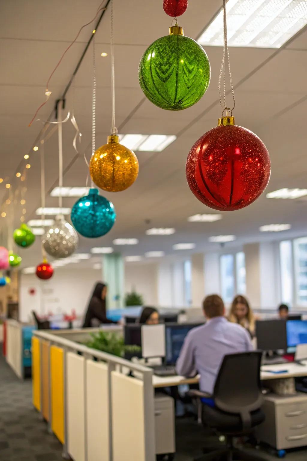 Dangling ornaments craft a floating festive atmosphere.