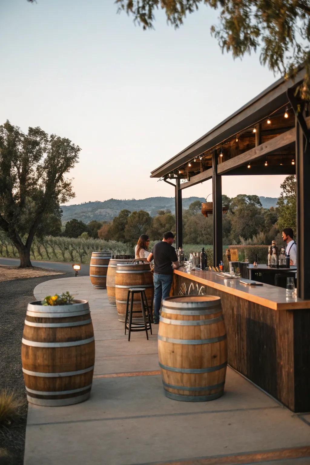 Wine drums add a unique charm to this outdoor bar.