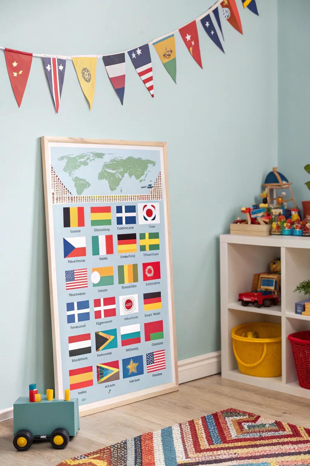 World flags add color and spark curiosity in living spaces.