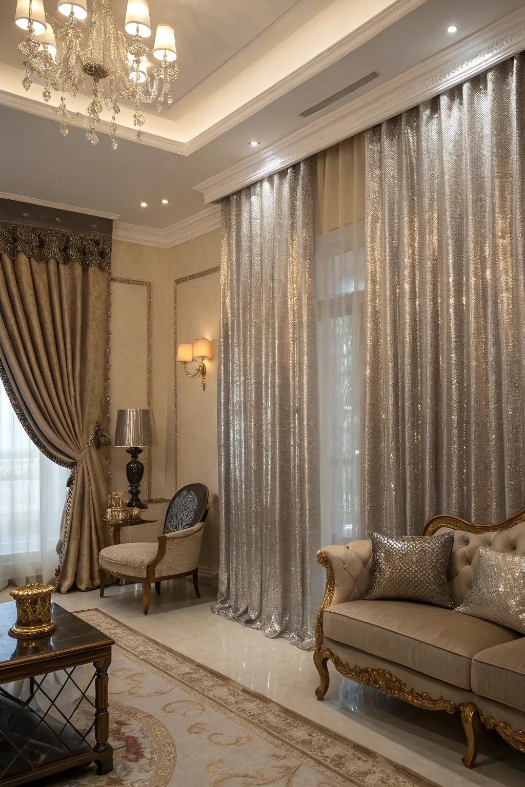 Metallic coverings bring a glamorous and reflective quality.