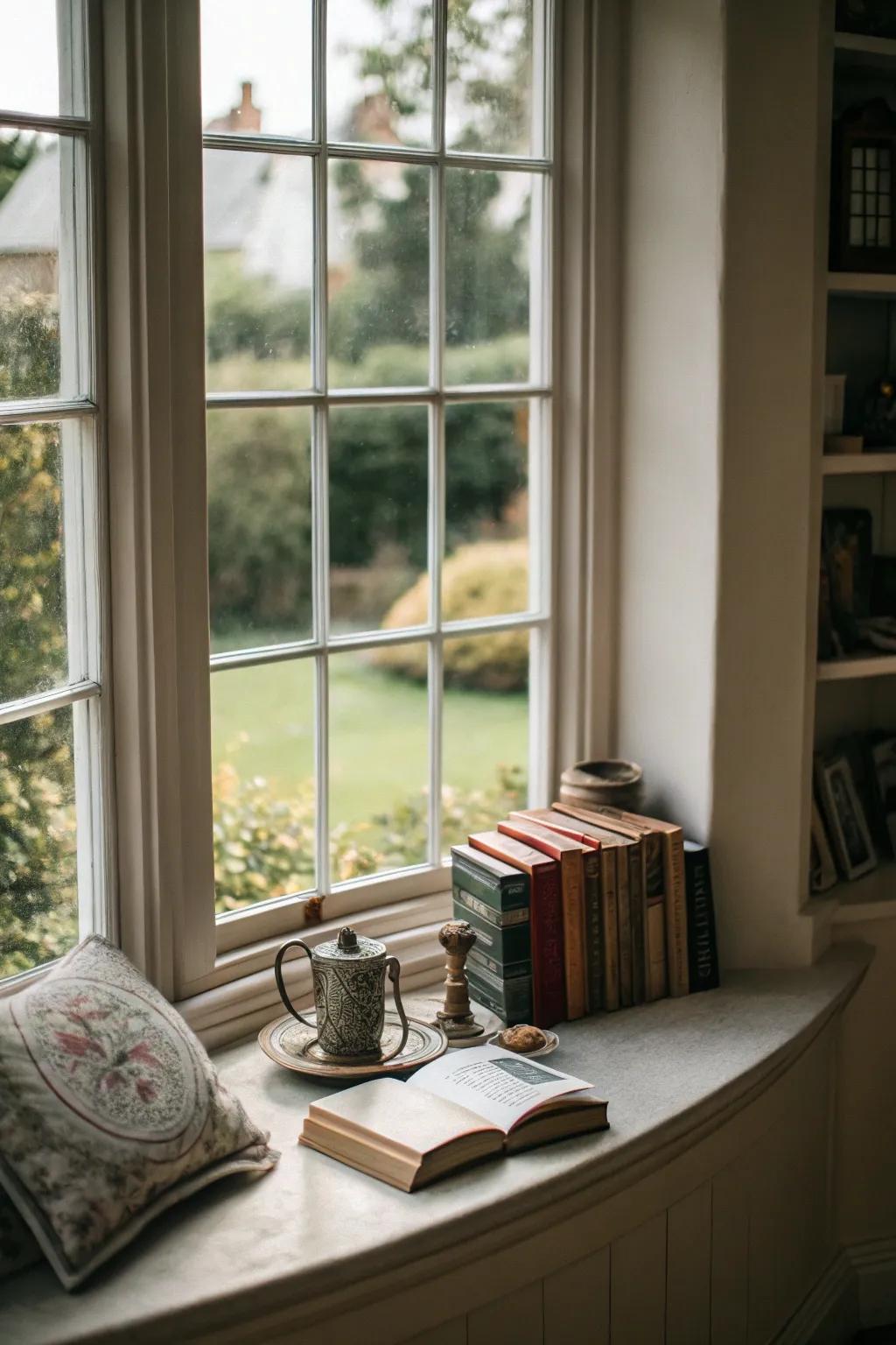 An ingenious utilization of a petite shelf in an arched bay window.