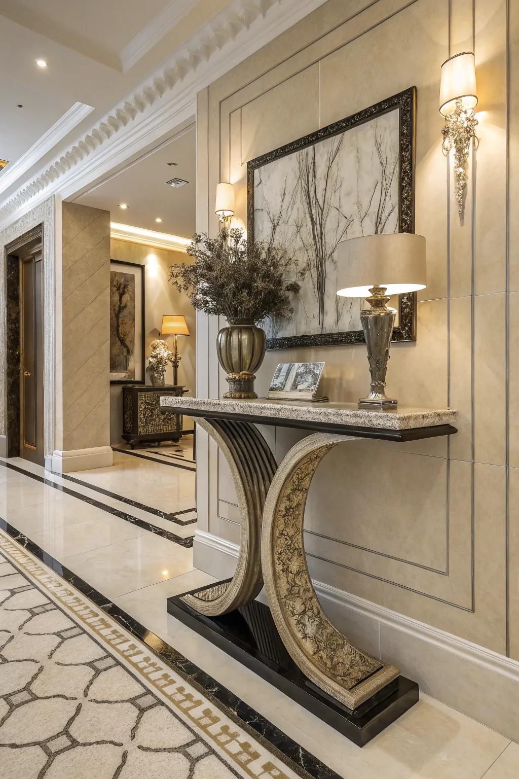 Artistic entryway table generating an impactful first impression