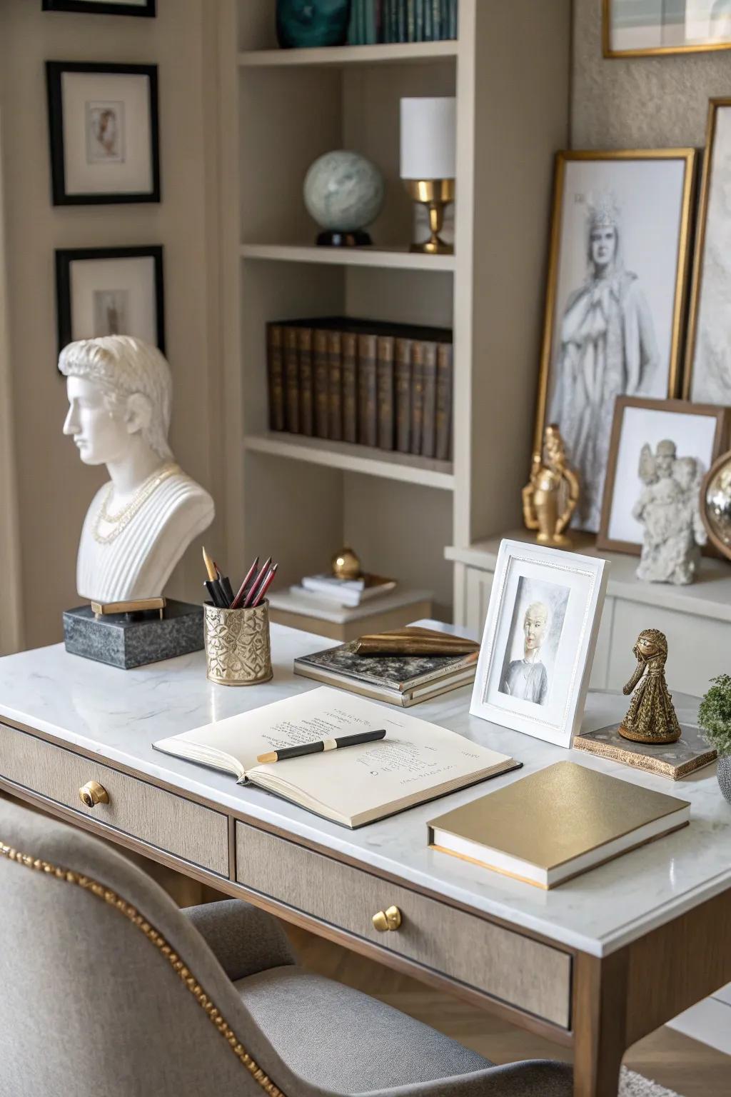 A desk featuring small art pieces, adding sophistication and creativity.