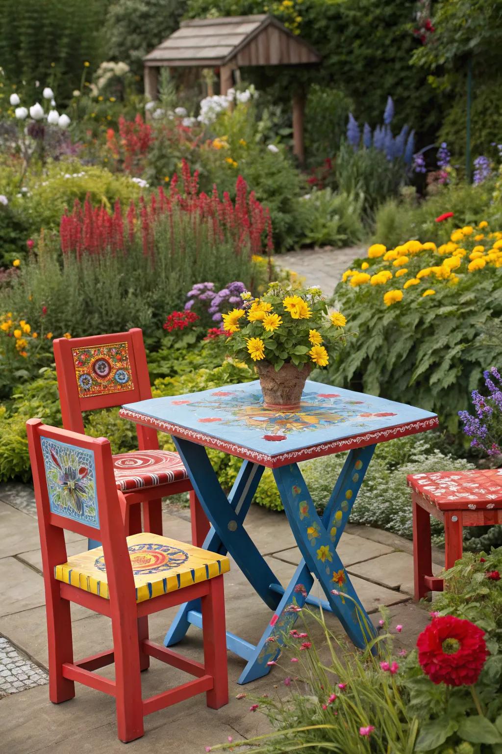 Painted furniture brings a fresh and playful vibe to your garden.