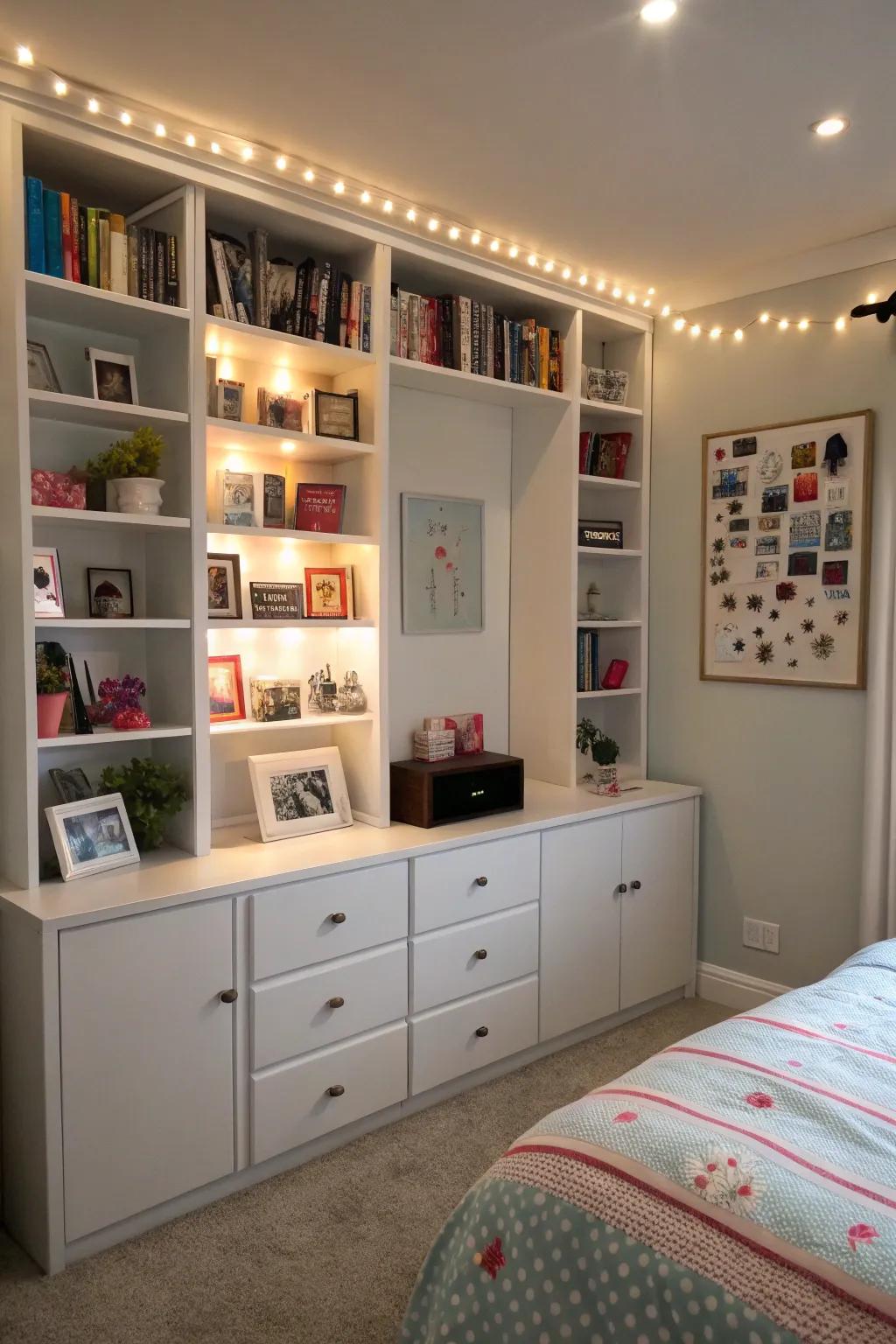 Creative storage in a teen room for storage and style.