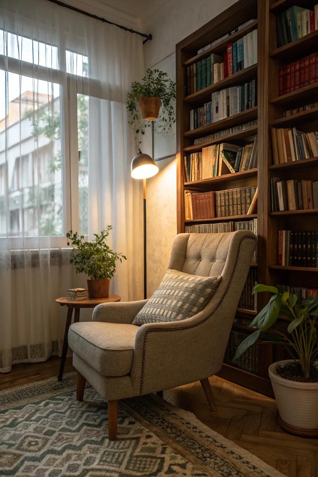 A reading corner provides a personal retreat for relaxation.
