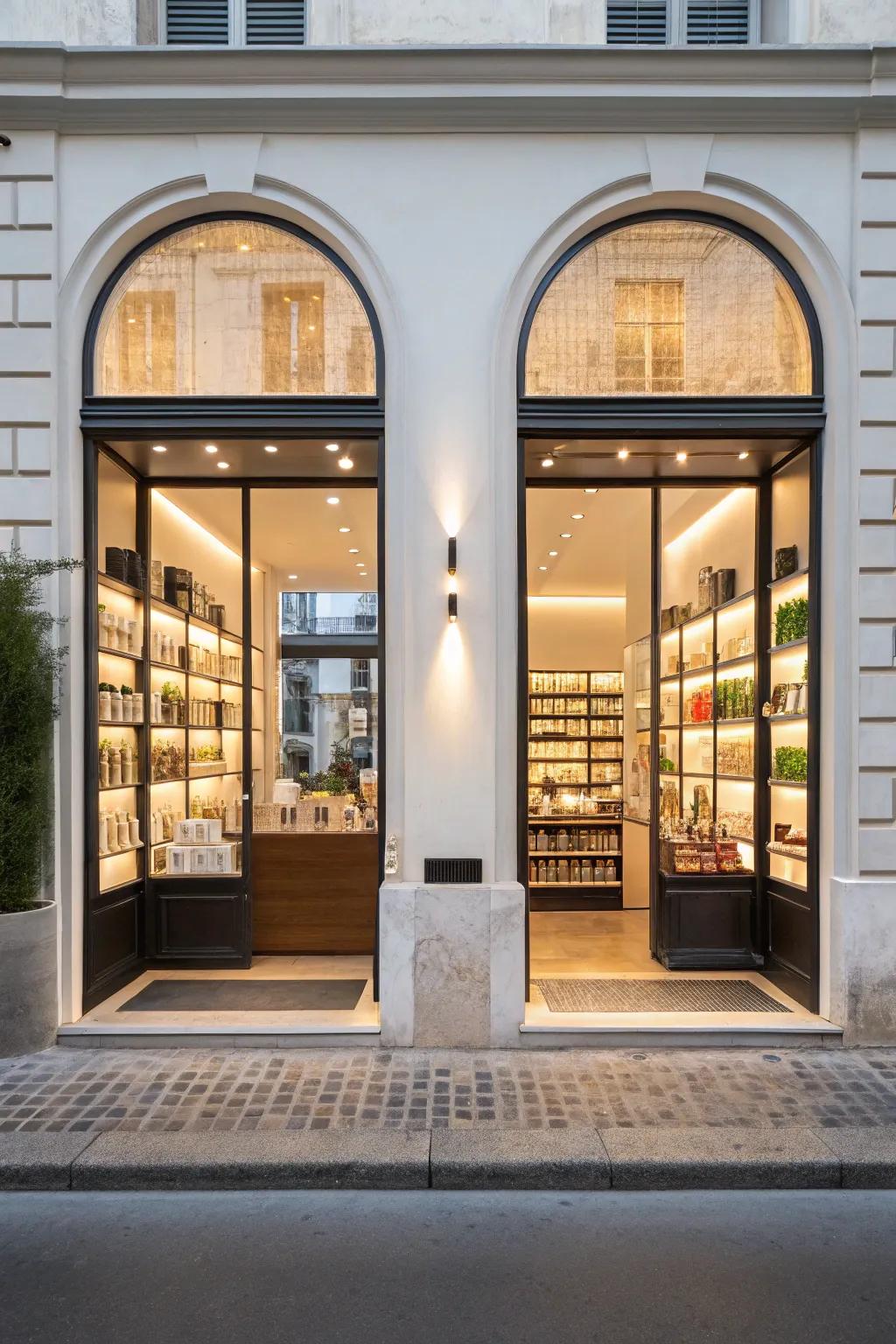 A shop front harnessing symmetry for a harmonious and balanced visual enticement.