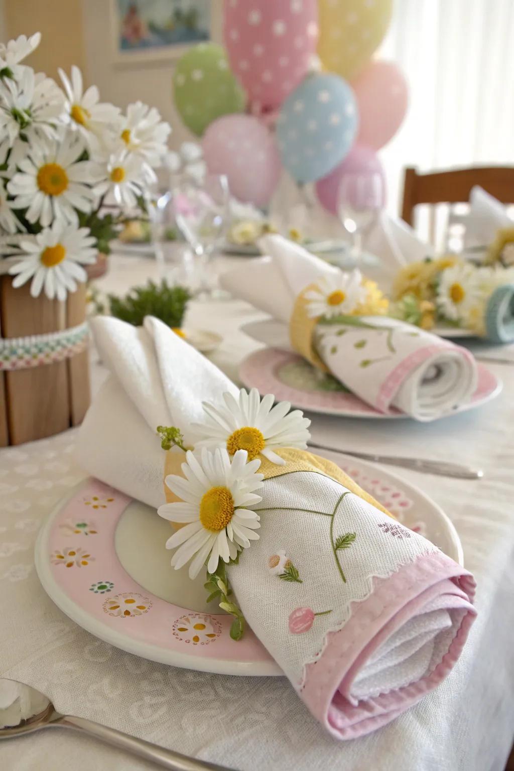 Introduce sophistication with fasteners for daisy napkins.