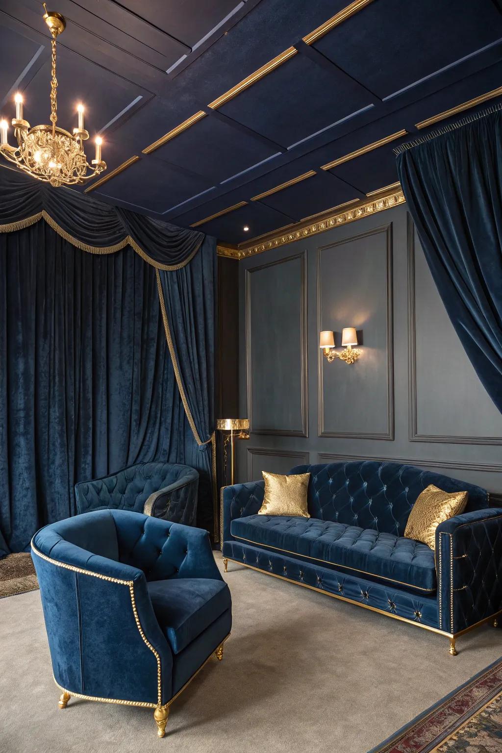 Lavishness achieved through a dark blue ceiling and luxurious textures.