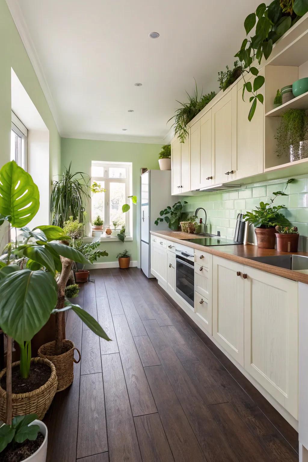 Pale green walls infuse natural freshness into the room.