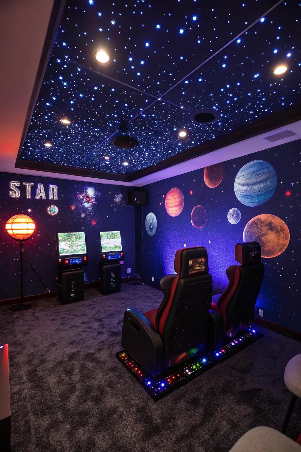 A space-themed design teleports your gaming area to a cosmic world.