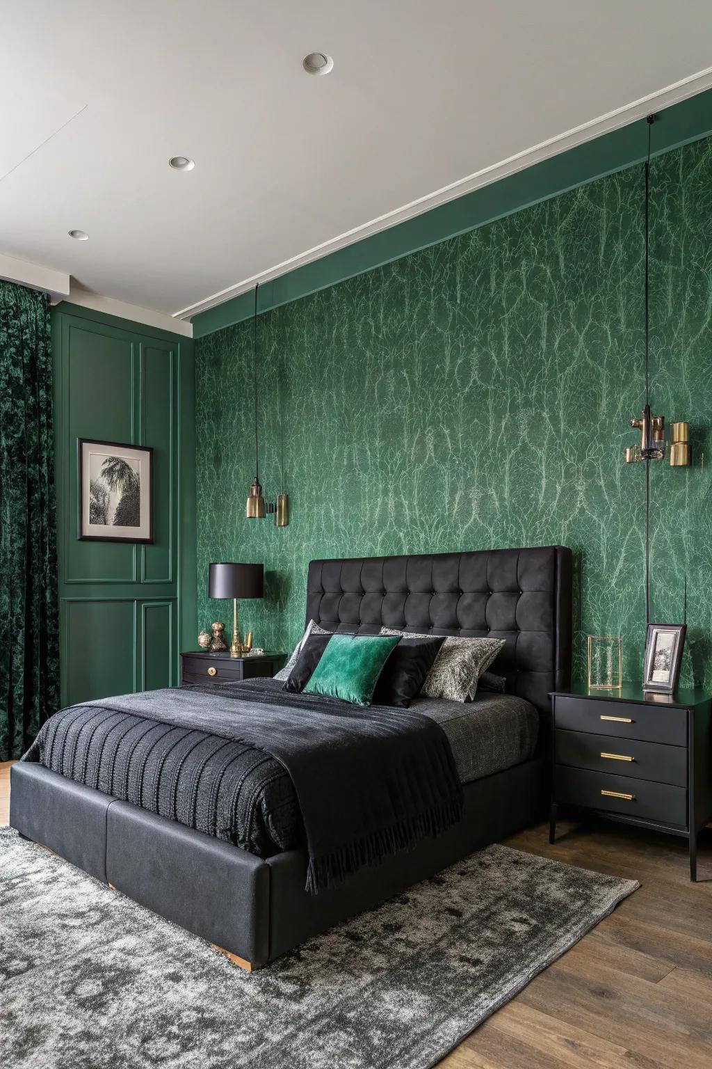 Textured green wallpaper adds dimension to the space.
