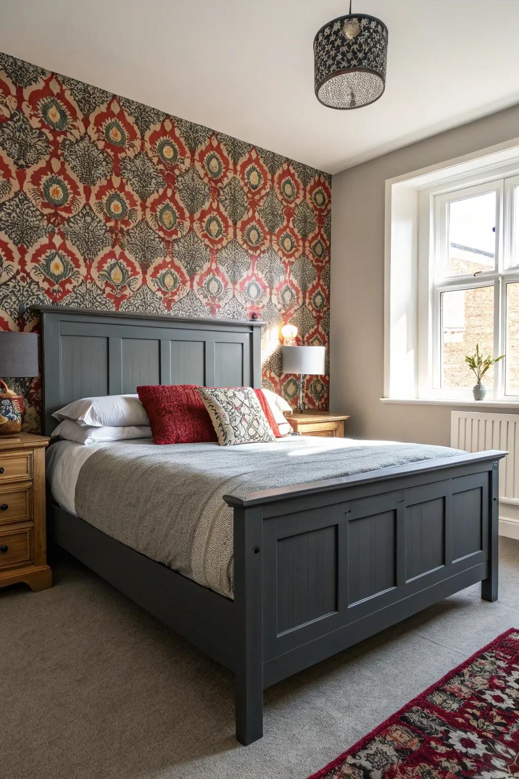 An audacious focus partition enhances the focal core of a shadowy grey bed frame.