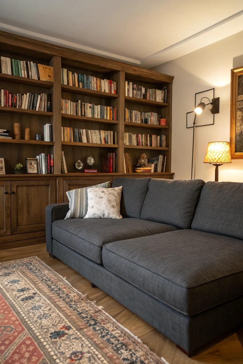 Bookshelves as backdrops establish a cozy library feel.