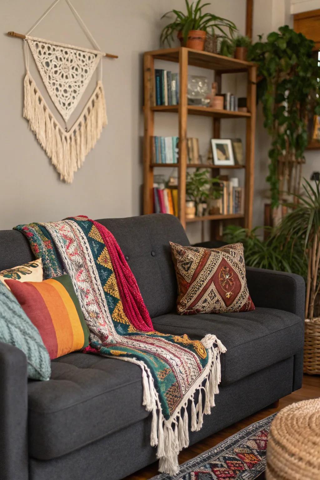 Bohemian elements impart a carefree vibe to a grey loveseat arrangement.
