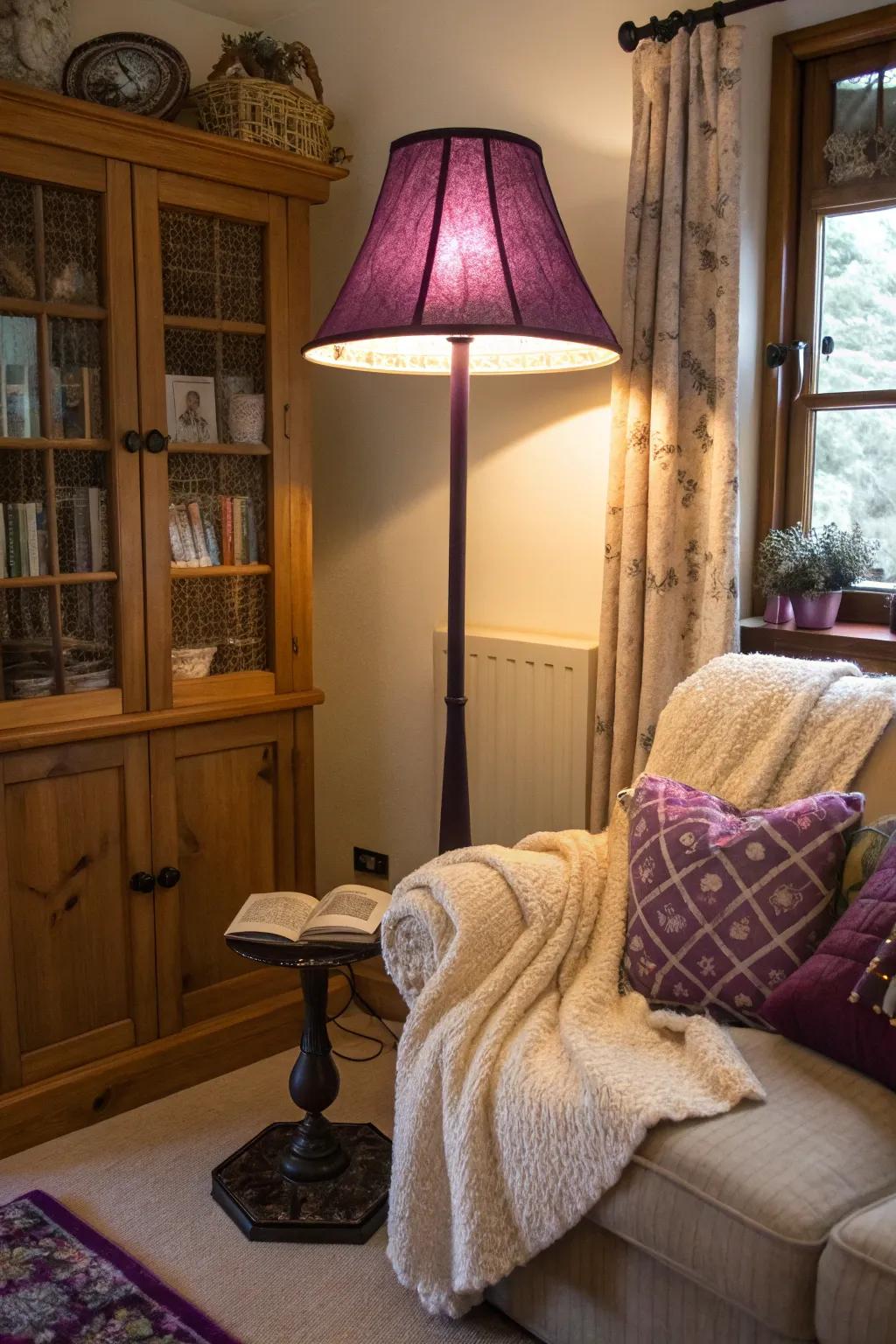 A deep violet floor lamp brightens up the corner of this cozy living space.