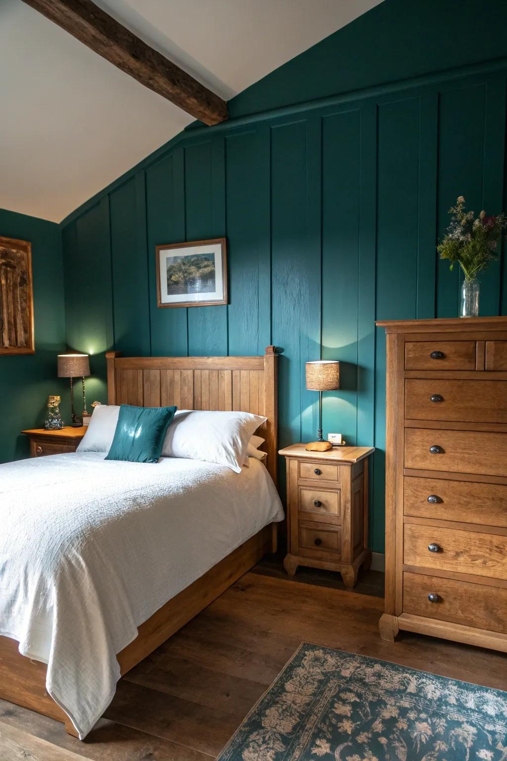 Timber components contribute warmth to a teal bedroom.