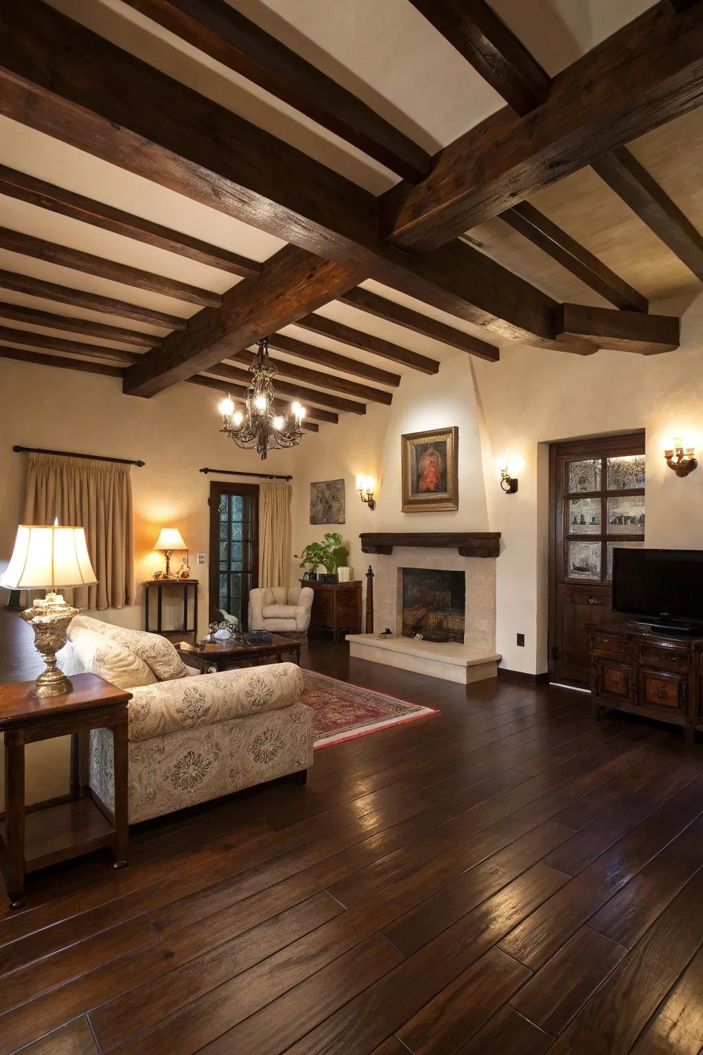 The matching beams and flooring create a cohesive design.