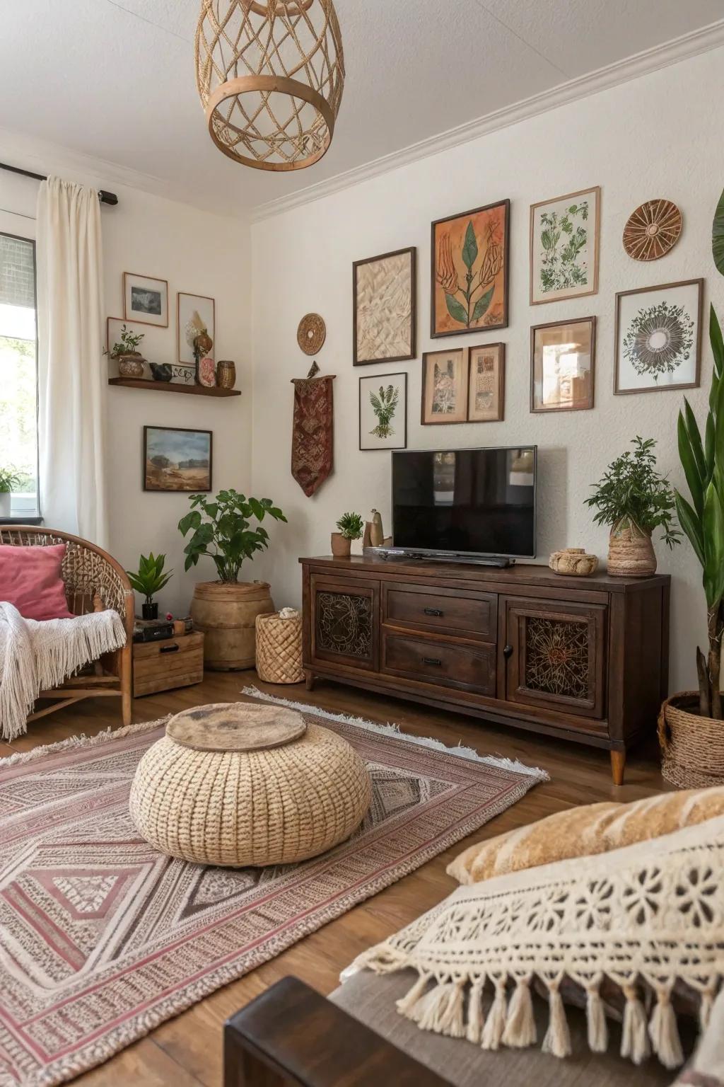Bohemian elements introduce a relaxed feel to rooms featuring deep-toned timber.