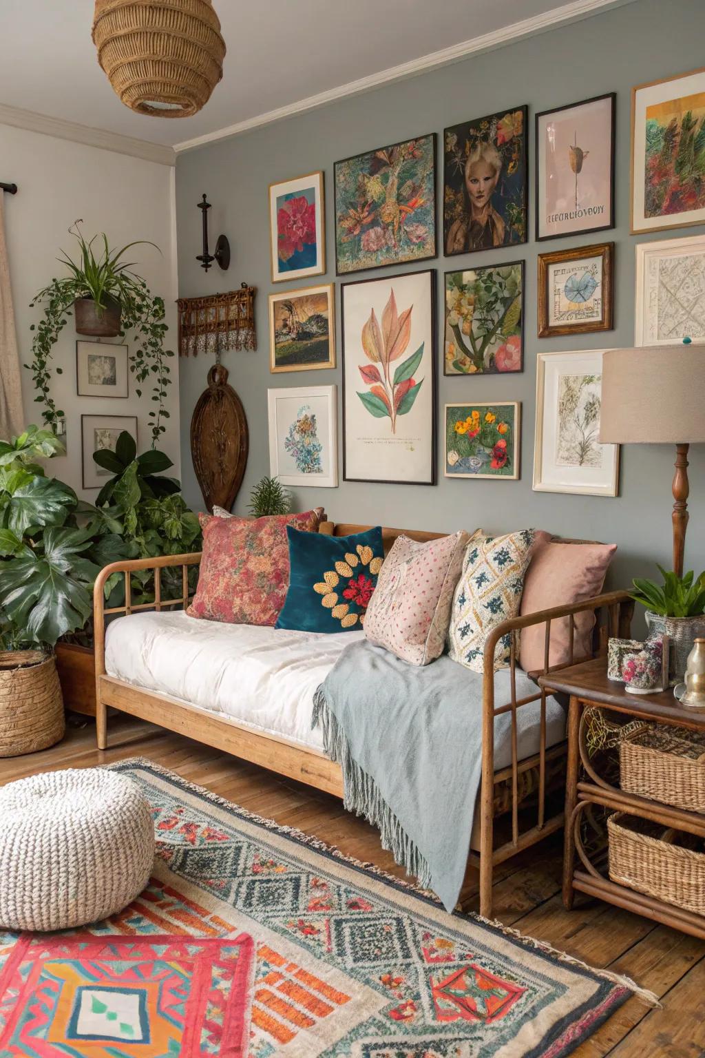 A diverse mix of styles imparts character to a daybed setting.