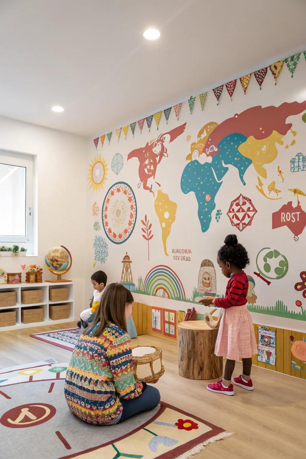 A daycare area celebrating variety with cultural-themed wallcovering.