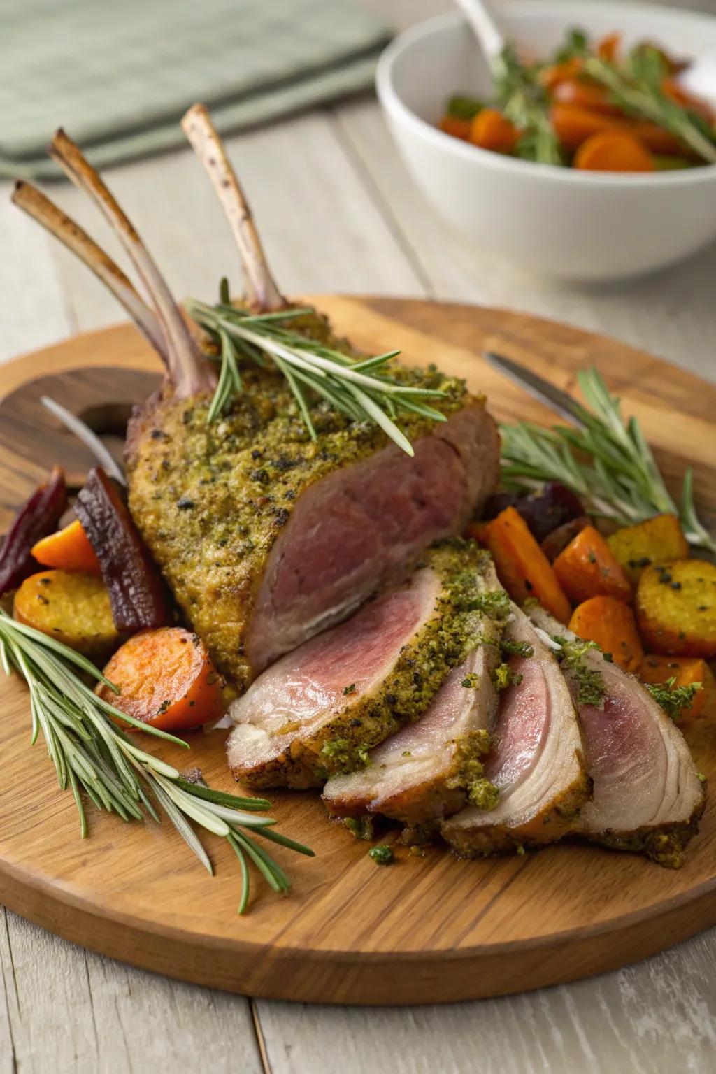 Herb encrusted lamb rack, a great choice for a December dinner.