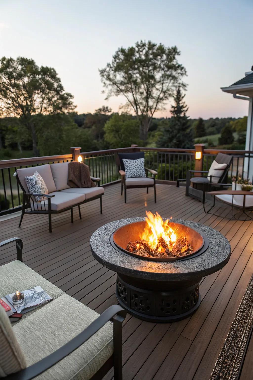A central fire feature becomes the heart of your patio, inviting warmth and conversation.