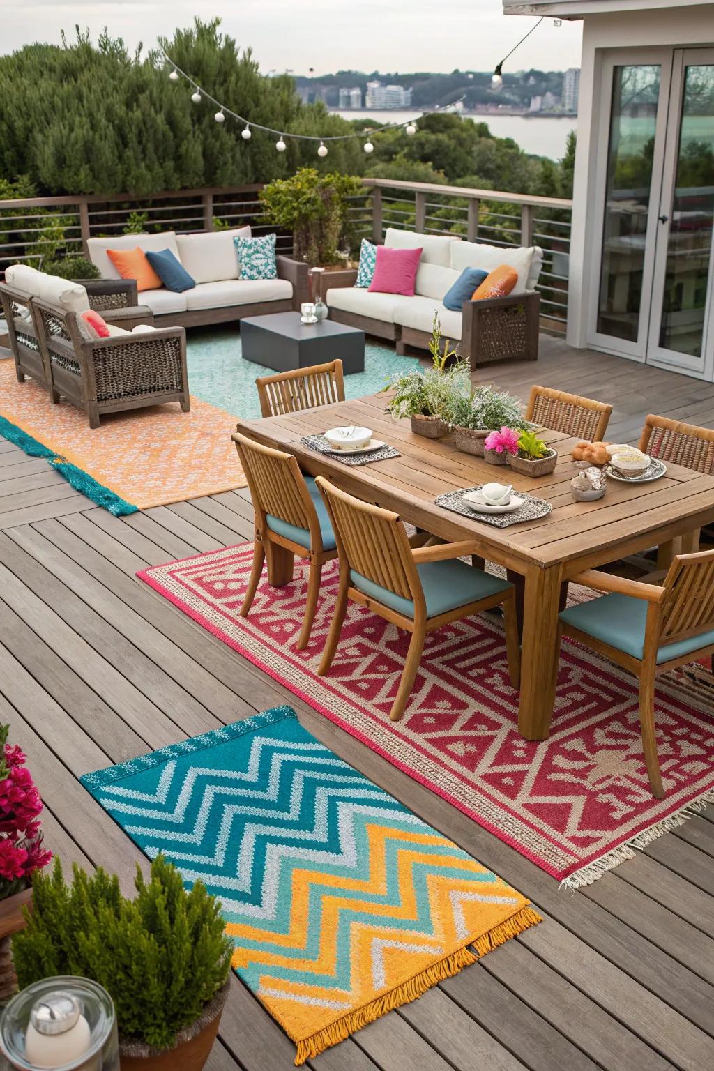 Outdoor carpets add comfort and define spaces on your deck.