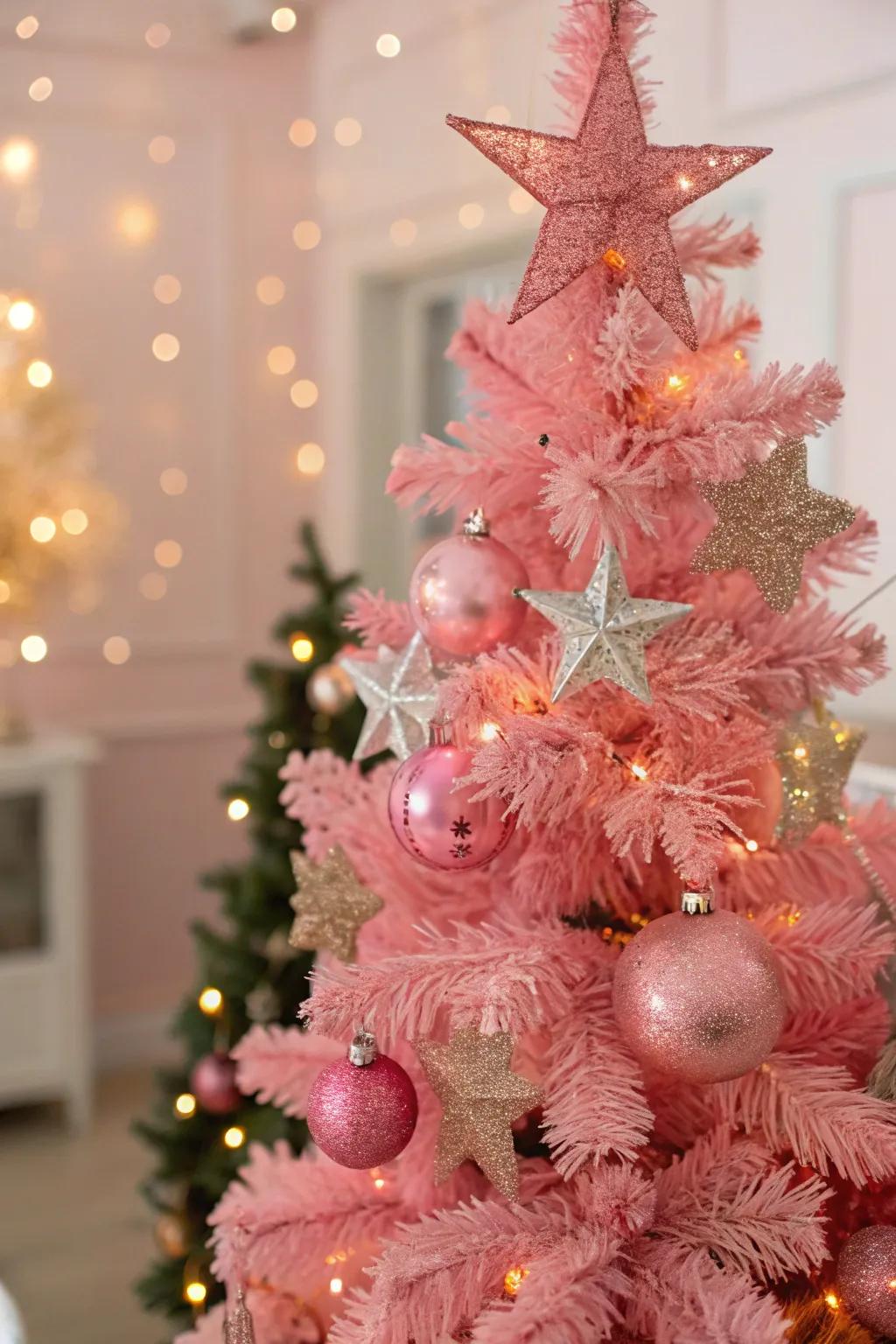 A magical tree with gleaming stars and snowflakes.