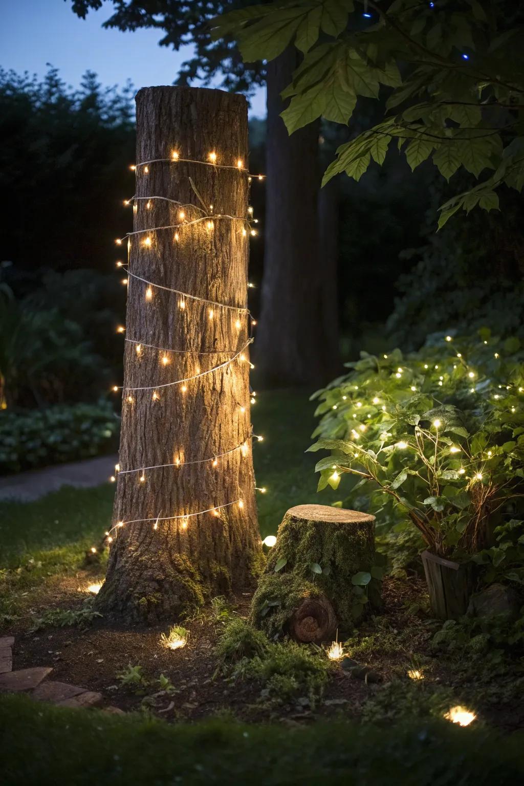 Illuminate your garden with a light-wrapped tree stump.