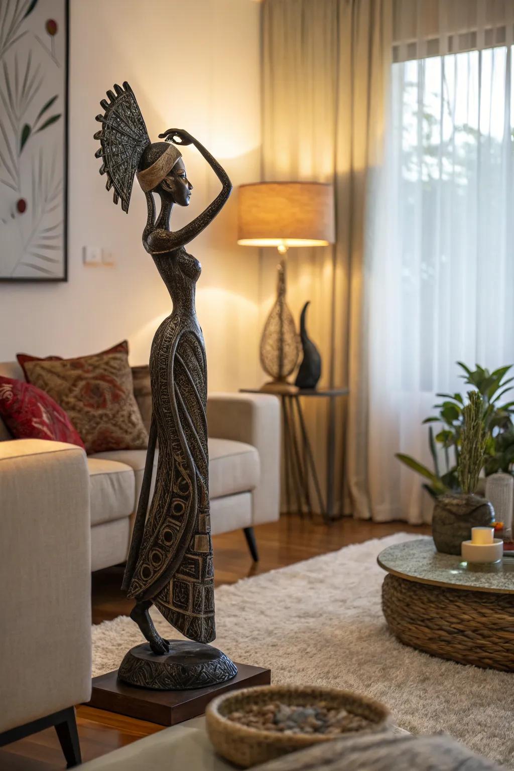 An artistic centerpiece adds an unexpected touch.