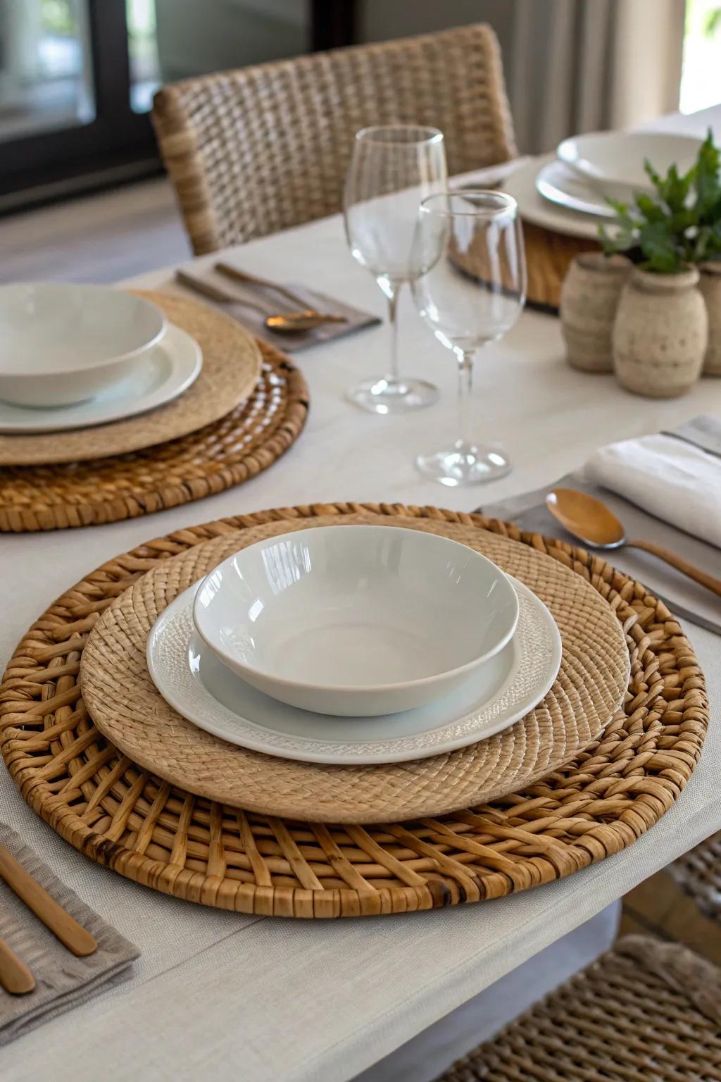 Textured rattan table protectors enhance visual interest.