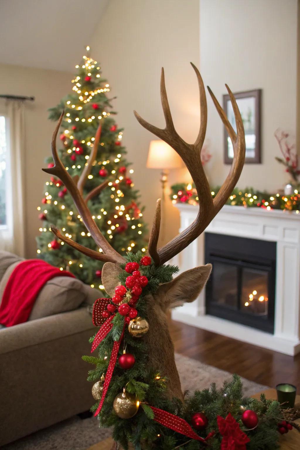 Deer antlers adorned with festive garlands and ornaments introduce a cheerful atmosphere to a living area.