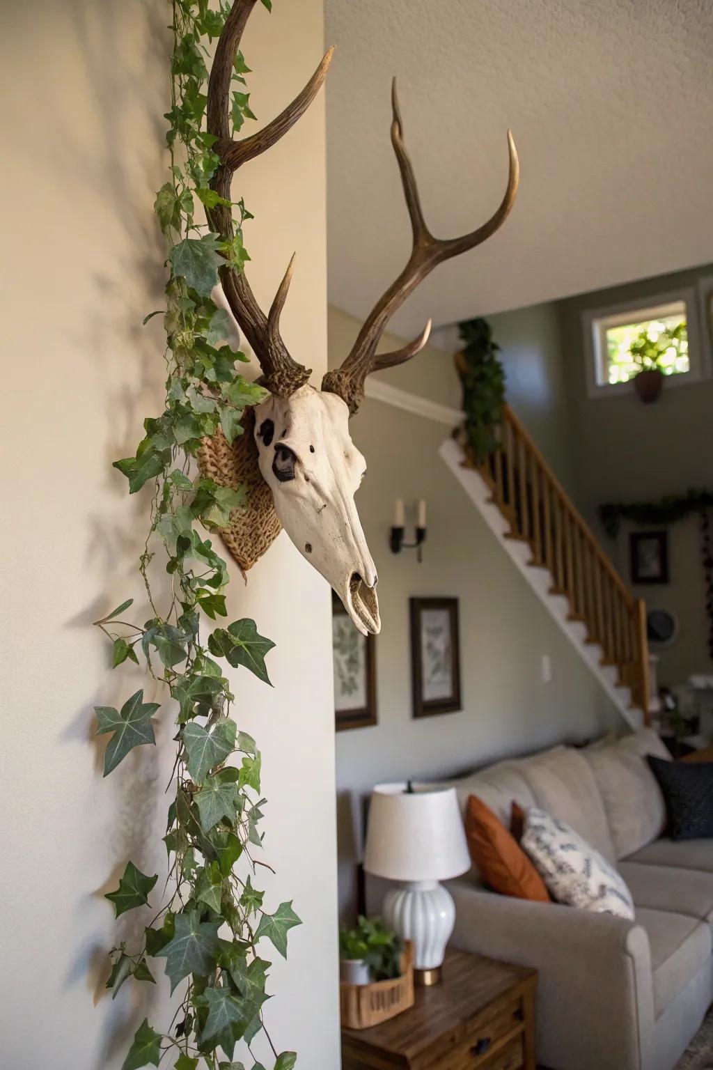 Verdure accents incorporate a fresh detail to this deer skull mount.