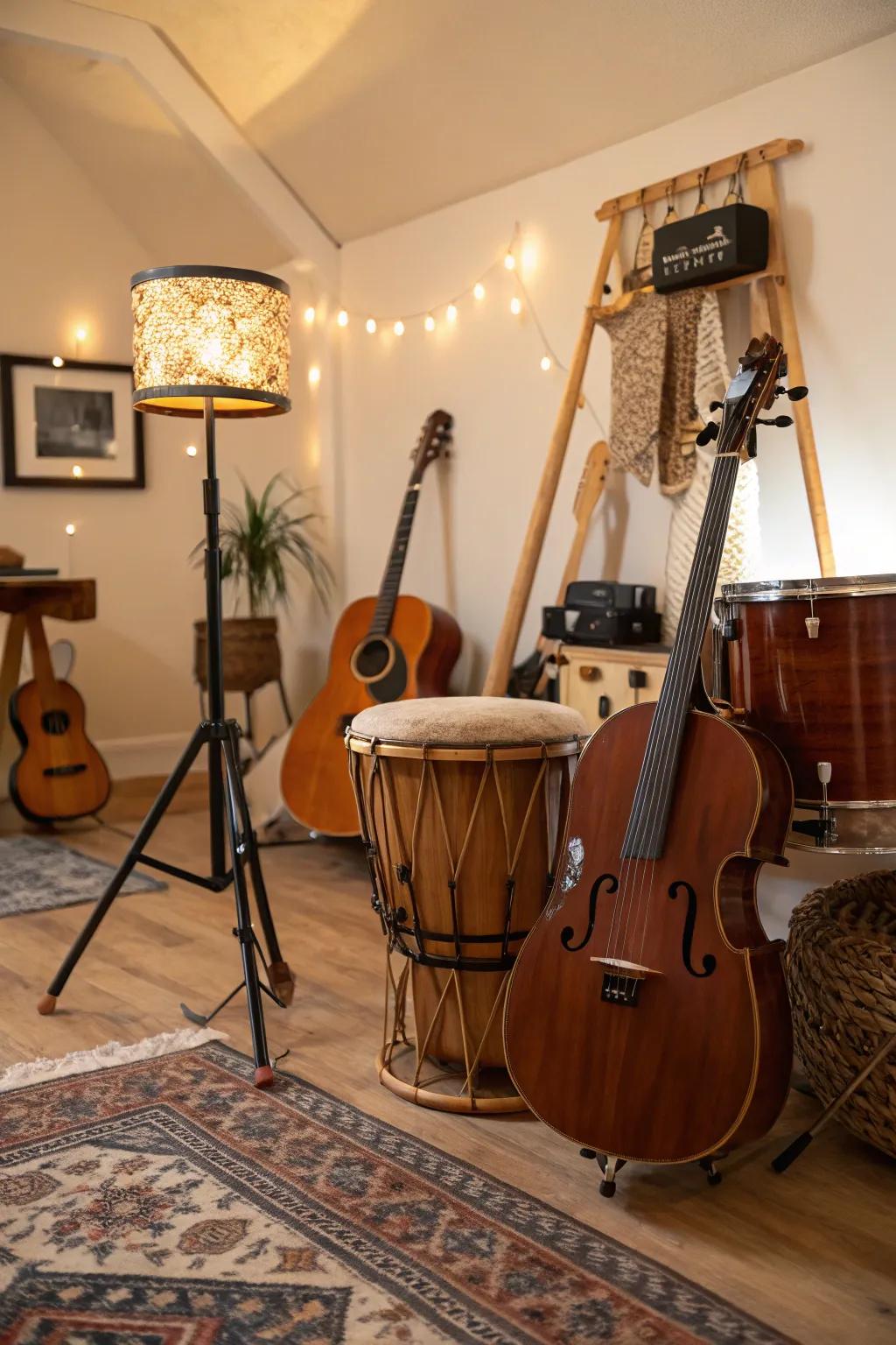 A music room enhances the den with sound.