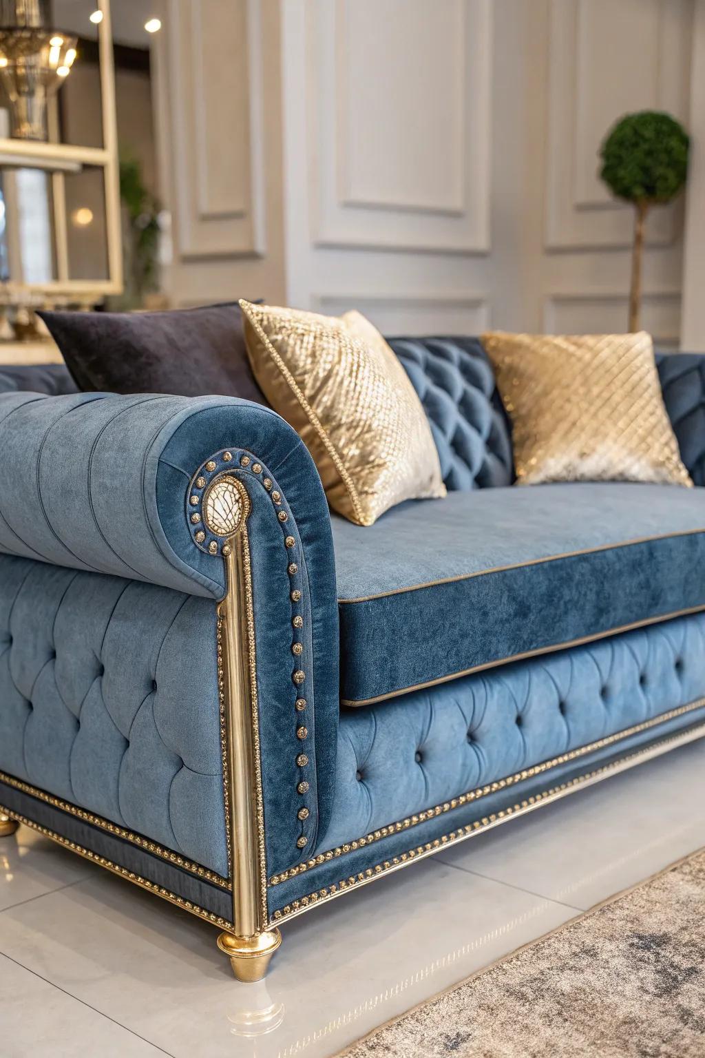 Stylish details add style to a cerulean settee.