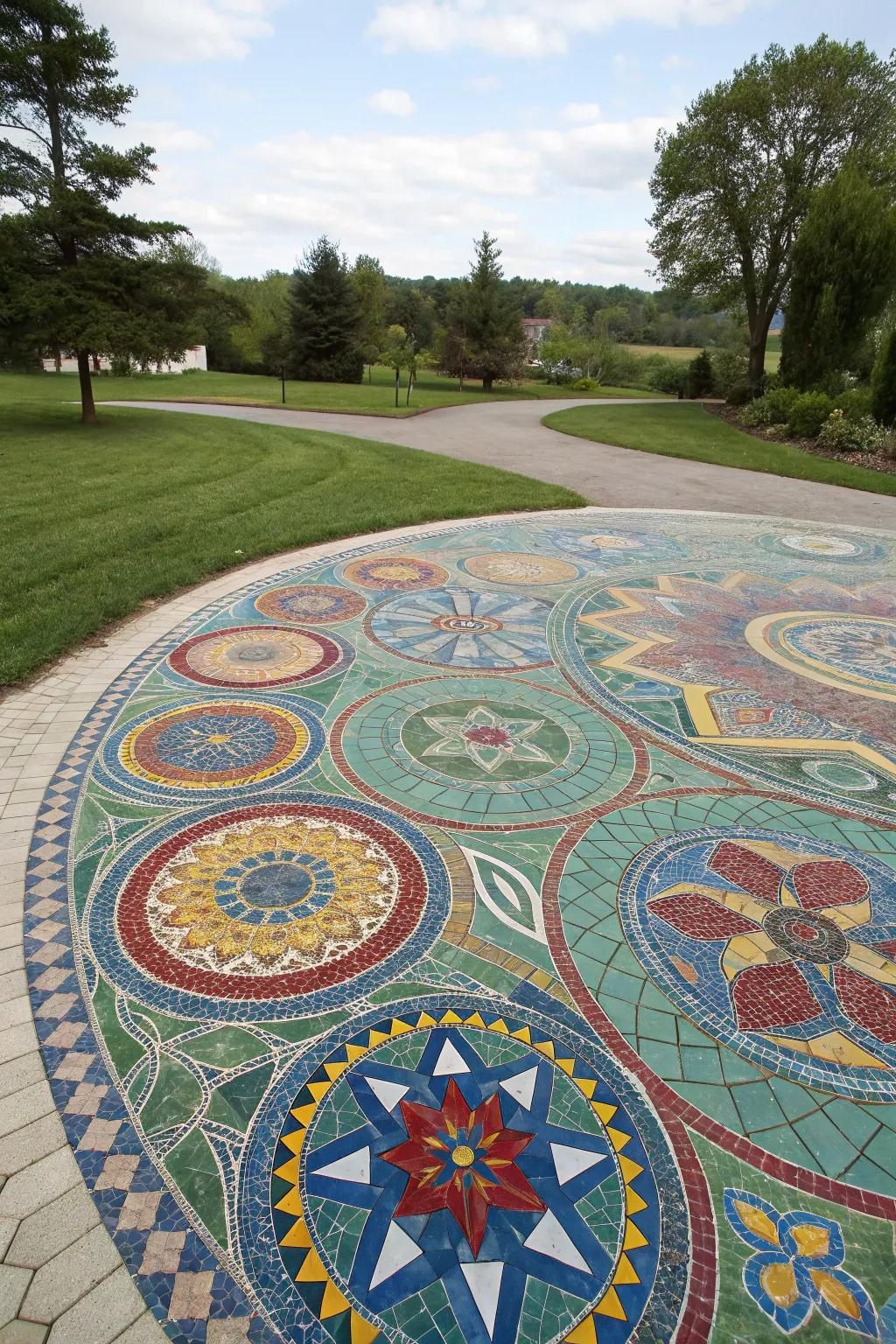 A mosaic driveway presents a breathtaking display of artistry and tint.