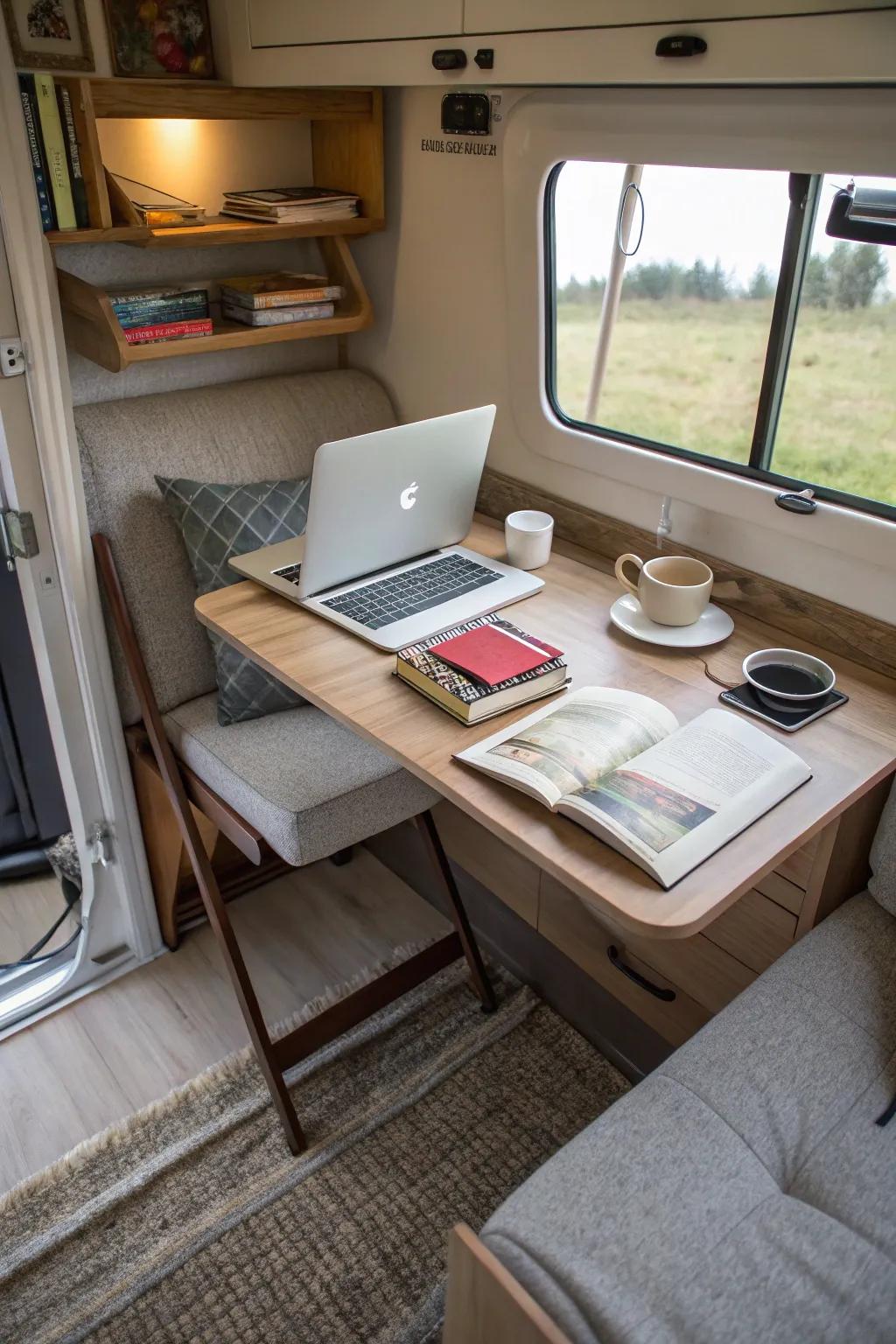 A deployable desk provides a practical solution for compact spaces.