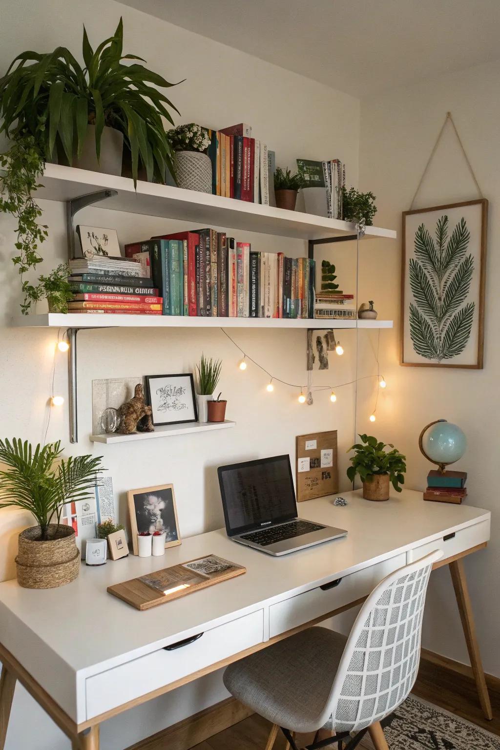 Floating shelves add both storage and style.