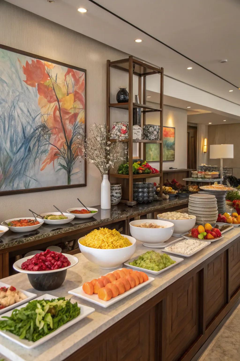 Utilizing wall space enhances depth and frames this buffet beautifully.