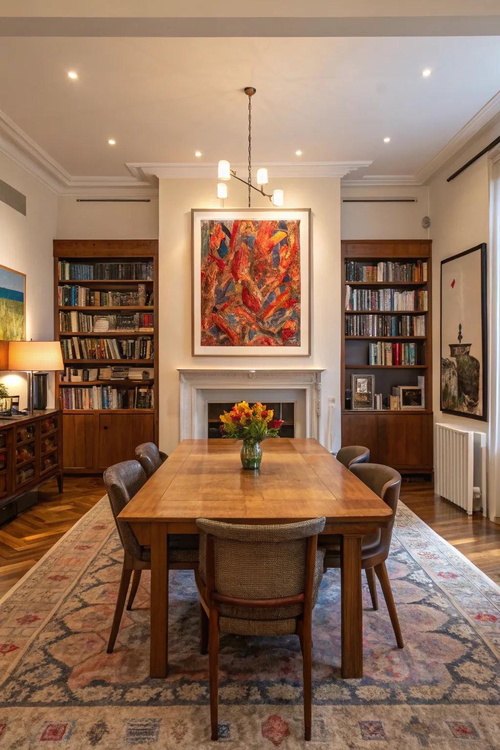 A striking artwork acts as a strong visual anchor in the dining room.