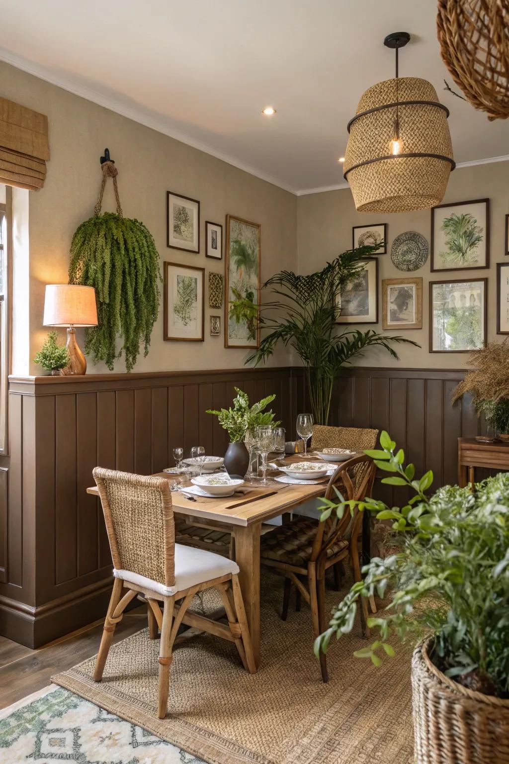 The dining room benefits from the soothing and natural environment created by the earthy-toned wainscoting.