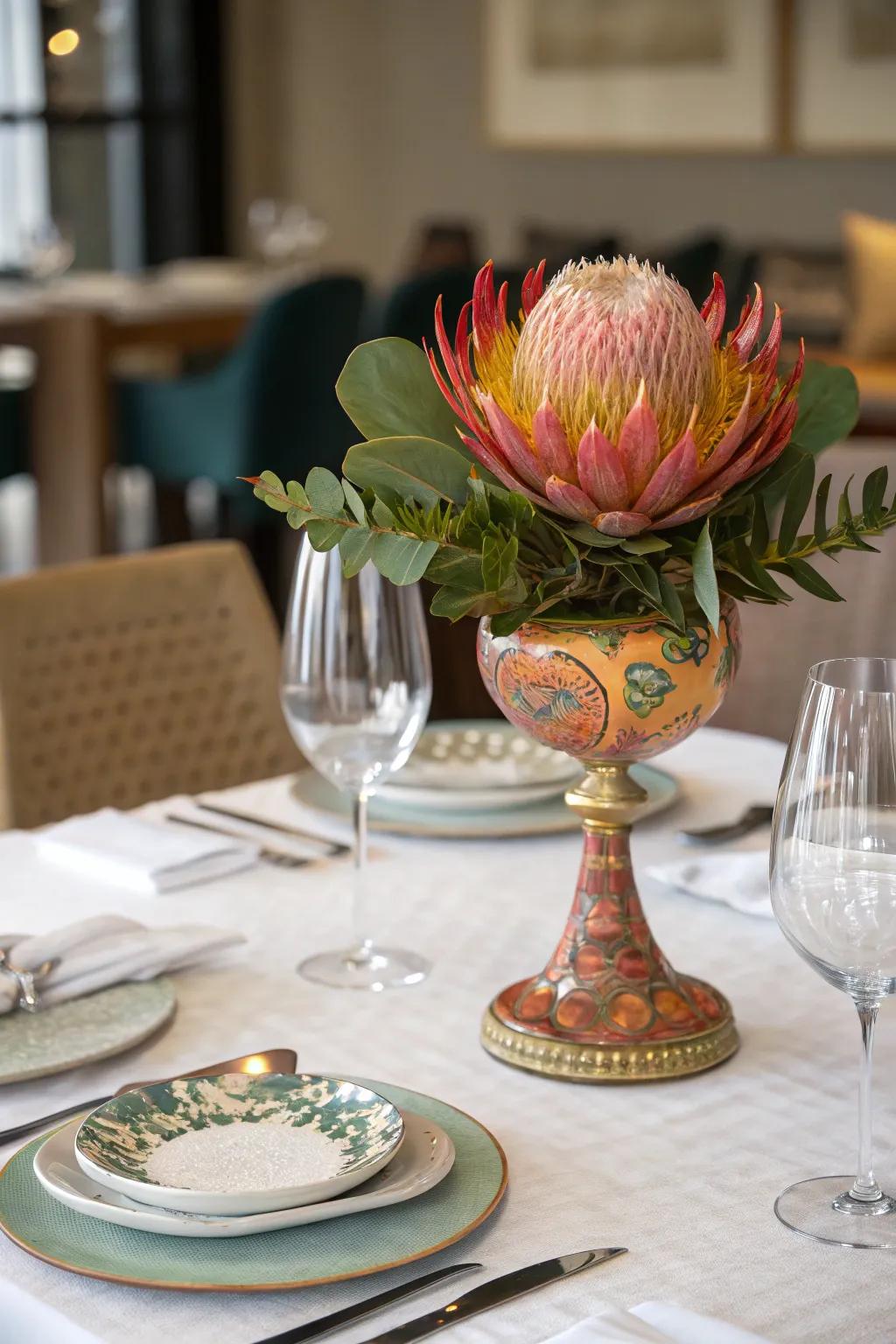 An artistic showpiece introduces a personal and creative element to the dining table.