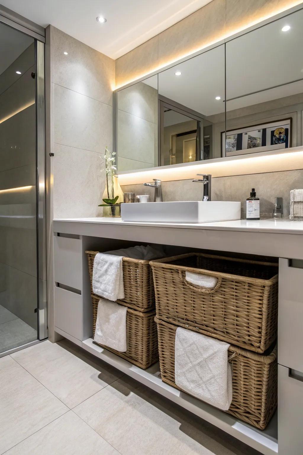 Under-sink hampers provide a discreet garment solution in the bathroom.
