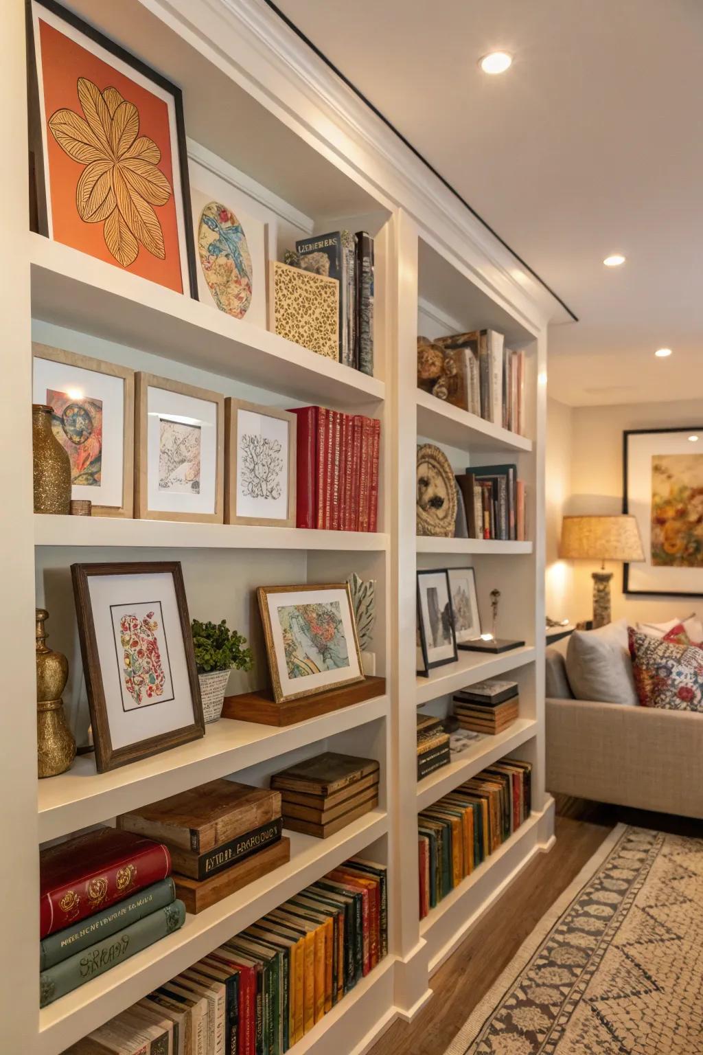 Art integrated into shelves for a gallery ambiance.