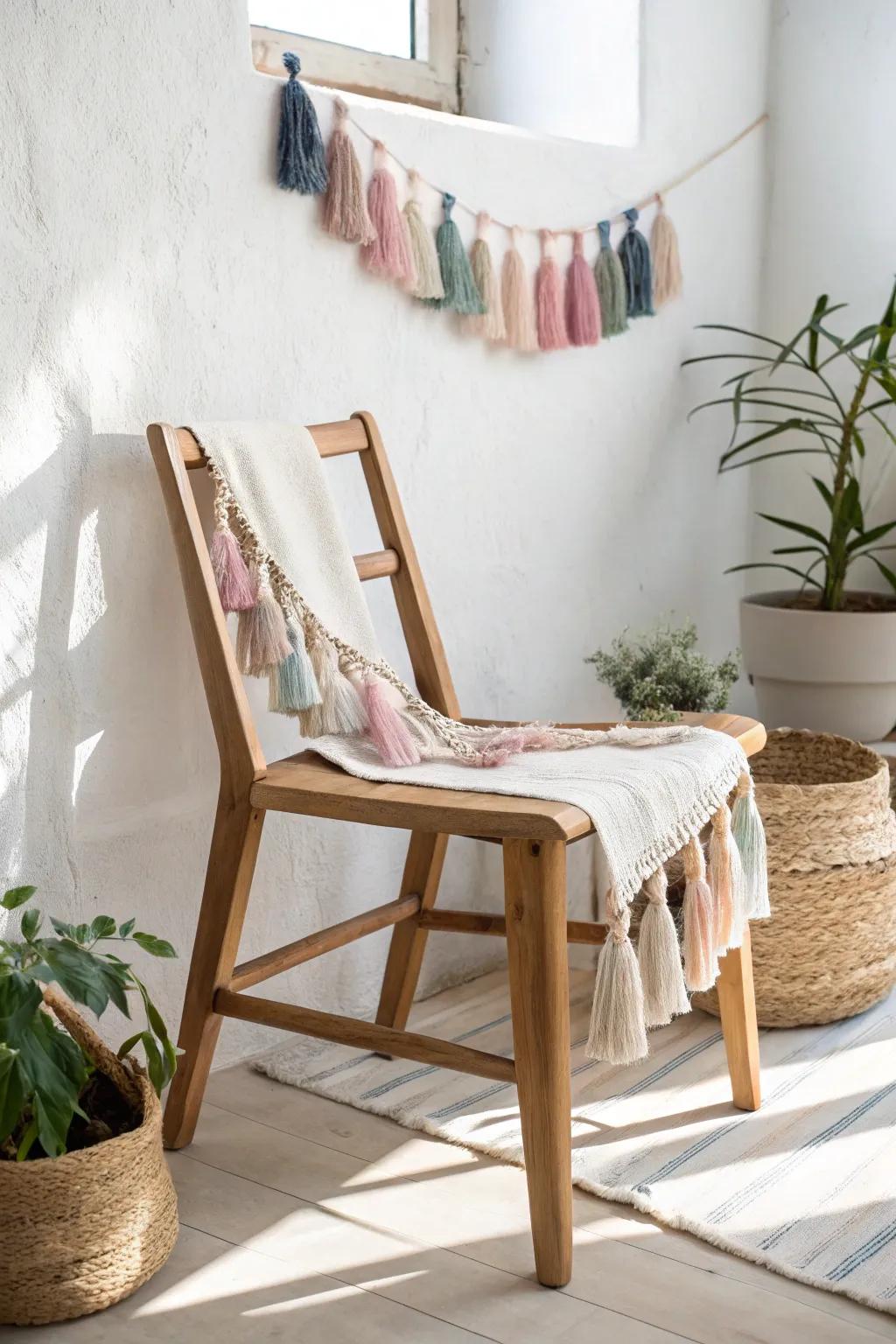Inject a hint of playfulness into your baby shower using a charming tassel fringe accent on a straightforward wood seating.